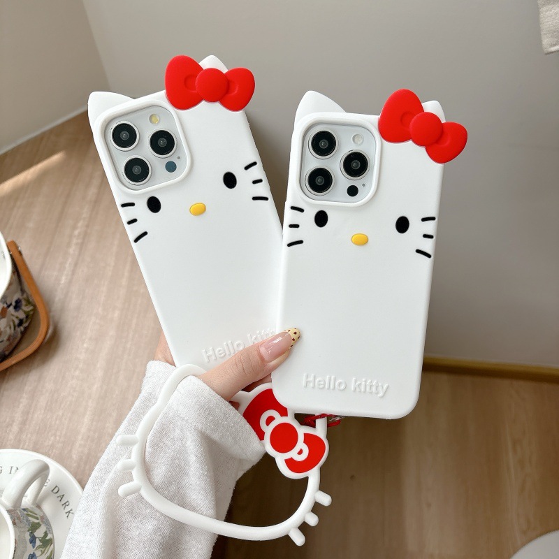 Cute Cartoon Wrist Strap Silicone Case - Coque de téléphone Hello Kitty avec